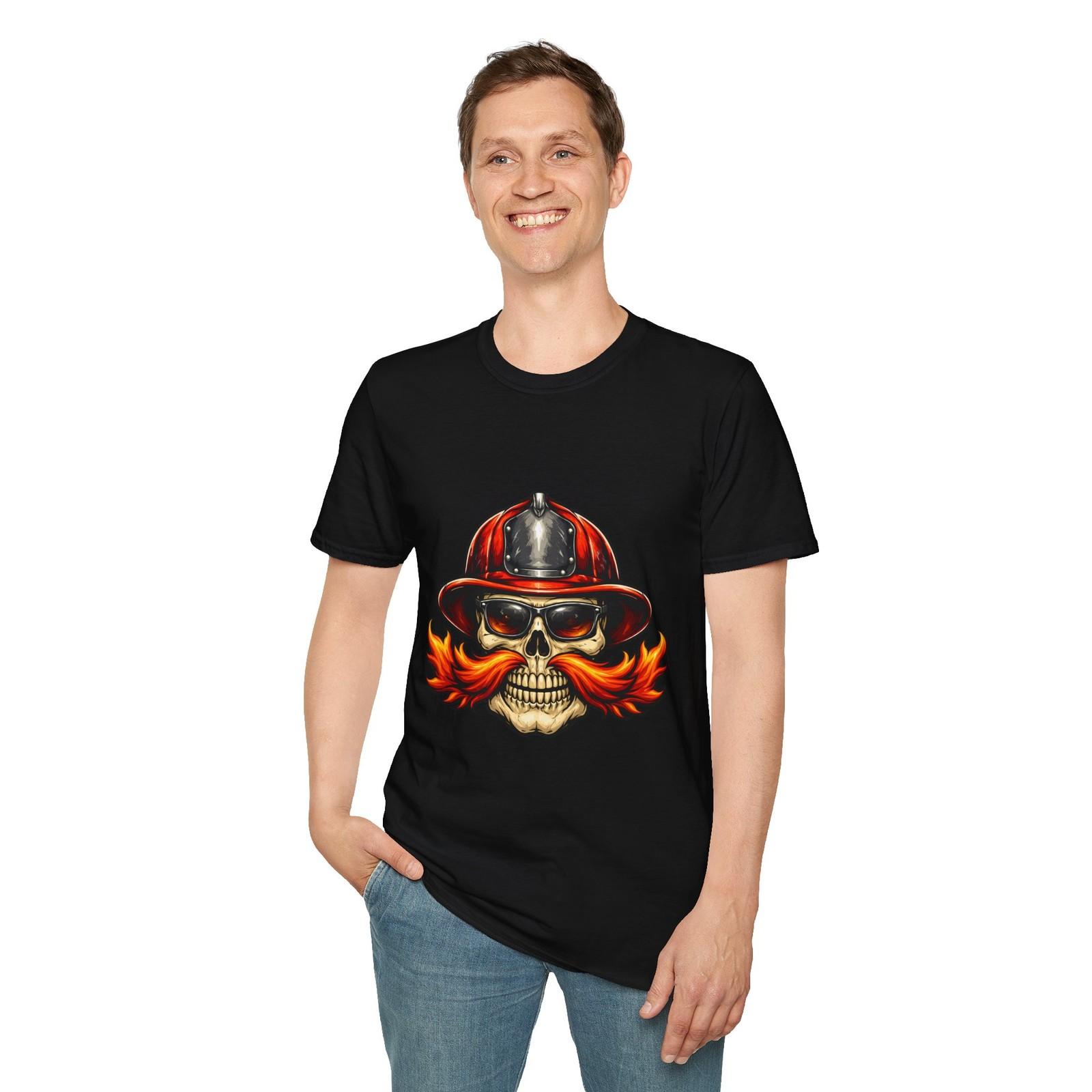 Firefighter Skull Flame Beard Glasses Rebel Retro Funny Unisex Softstyle T-Shirt S