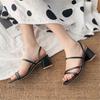 Mode Damen Sandalen Print Riemchen Mules Absatz Sandalen Hausschuhe Damen High Heels Flip Flops Eckige Zehen Pantoletten Partyschuhe Frau