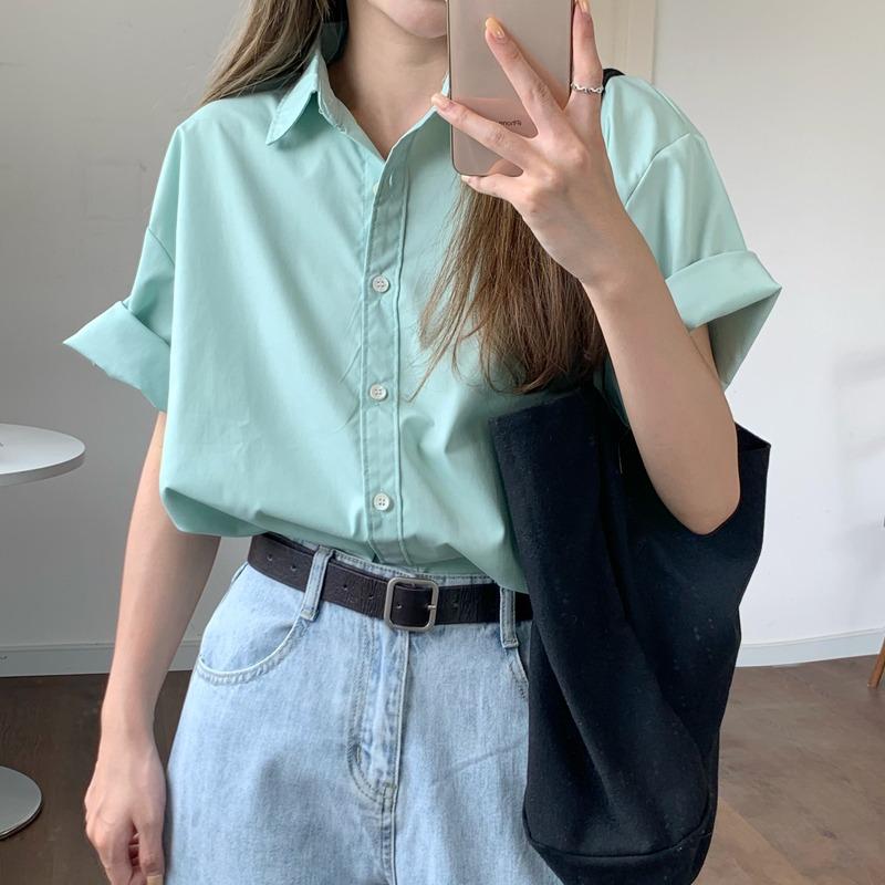 Summer Short Sleeve Solid Casual Shirts Women Fashion New Thin Single Breasted Loose Blouse Women Elegant Slim Fit Simple Office Lady Shirt Tops 26284