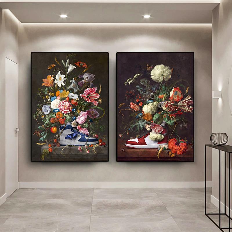 Large Size Floral Flora and Sneakers Canvas Painting Modern Art Posters Prints Wall Picture Artwork for Home Living Room Decor
