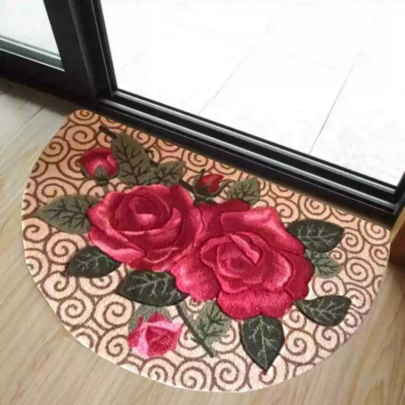Retro 3D Rose Semi-Circle Floor Mat Entrance Entrance Welcome Door Mat Soft Non-Slip Bedroom Carpet Home Decoration