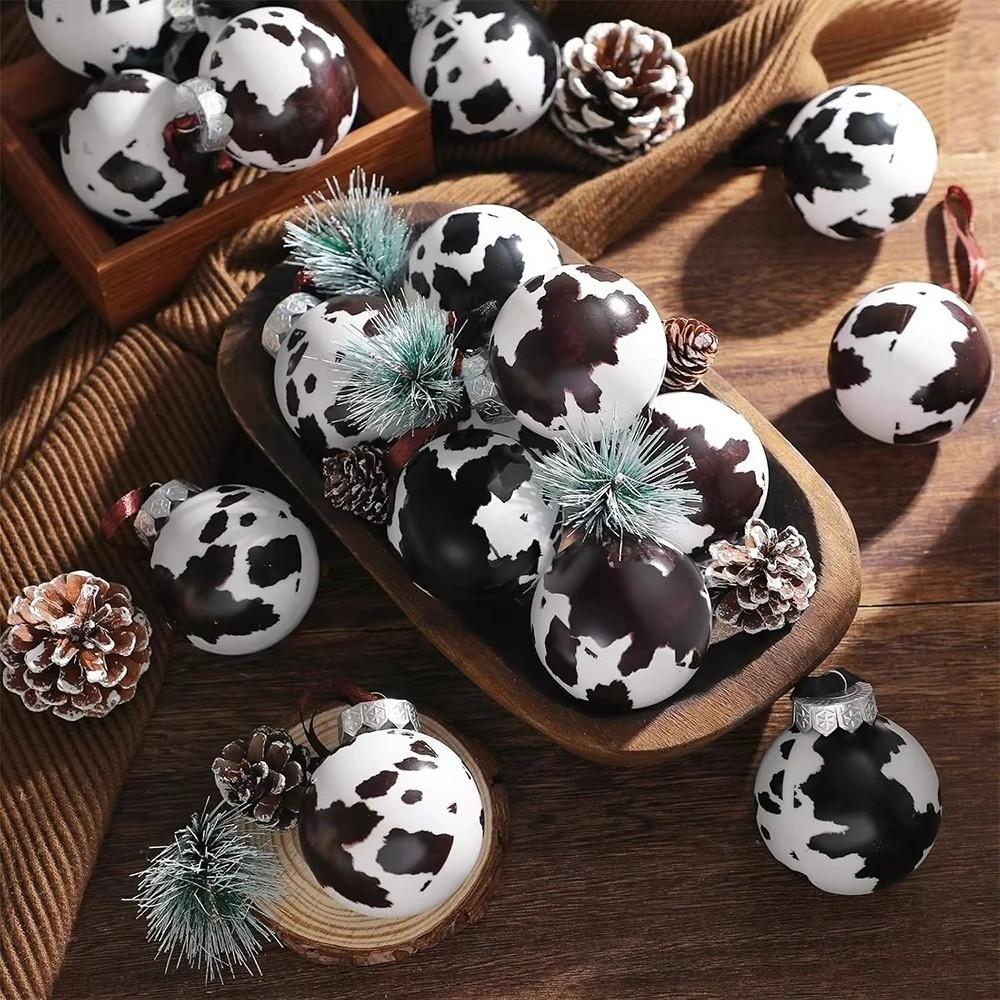12/24Pcs Cow Print Ball Christmas Tree Ornaments Shatterproof 6CM Christmas Ball DIY Western Cowboy Xmas Tree Hangings Pendant