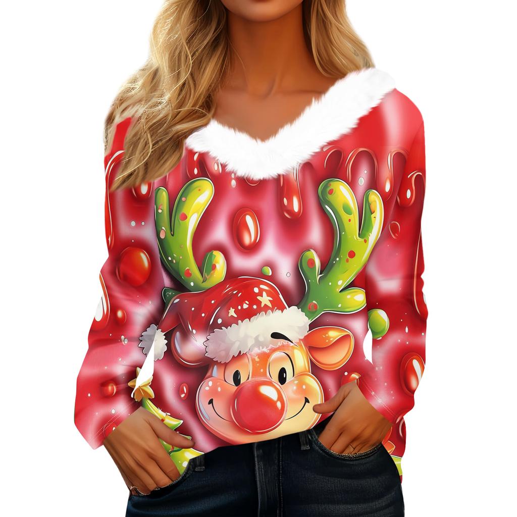 Women's Christmas Printed Long Sleeved Party Plush Neck V-neck Top