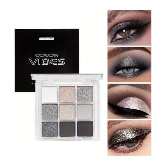 Punk Smoke Glitter Eyeshadow 9 Colors, Palette Shadow Pigment, Gray Cool Color Palette, Black Eyeshadow Palette - 1# Smoky Shade