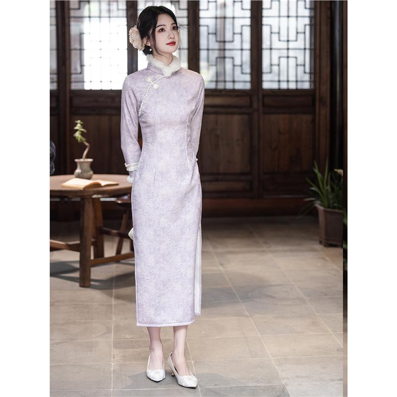Purple long-sleeved cheongsam velvet 1011 new women's new Chinese-style improved young dress daily high-end beauty