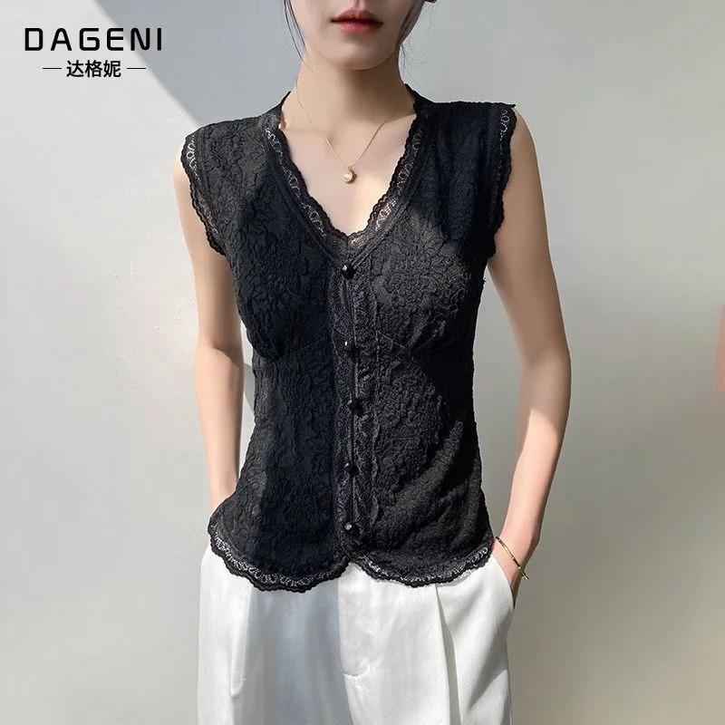 Women s Black Floral Lace V Neck Single Breasted Sleeveless Slim Fit Vest Top M чёрный