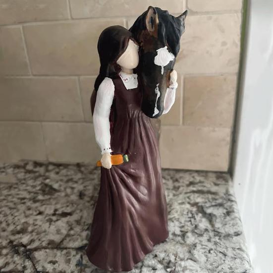 Girl Horse Figurine Resin Angle Pony Statue Sculpture Home Office