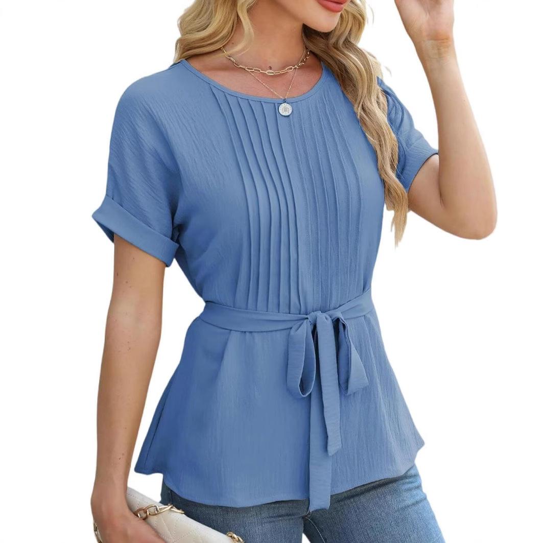 

Spring and Summer Casual Top Wrinkle Design Round Neck Short Sleeved Women’s Blouses & Shirts S синій