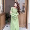 Premium Light Green Retro Dress Women's Early Spring and Autumn Print Super Long To the Ankle a Word Long Dress