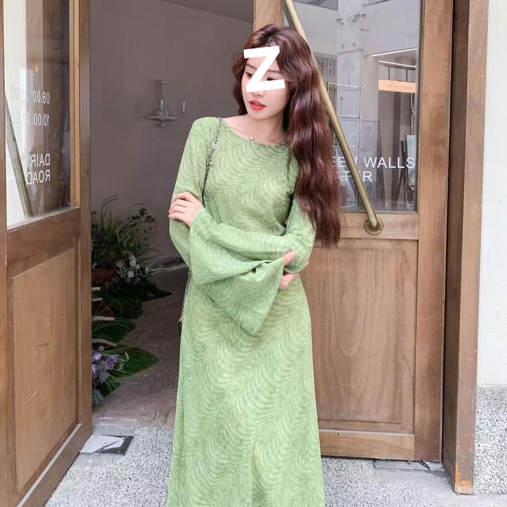 Premium Light Green Retro Dress Women's Early Spring and Autumn Print Super Long To the Ankle a Word Long Dress