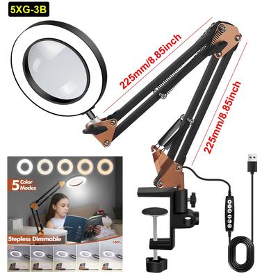 NEWACALOX 5X Magnifying Glass with Light Flexible Gooseneck LED Desk Lamp 3 Color Modes Stepless Dimmable Magnifying Light
