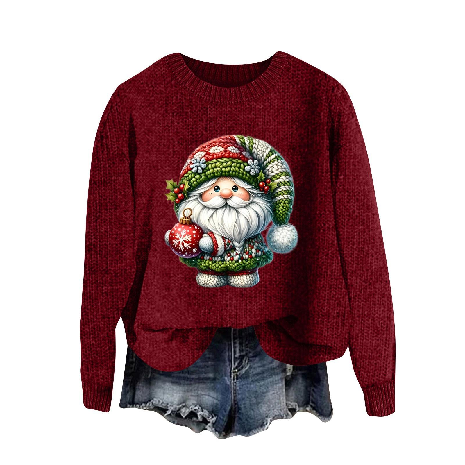 

Женский модный повседневный шерстяной трикотажный пуловер с длинным рукавом и рождественским принтом M винный