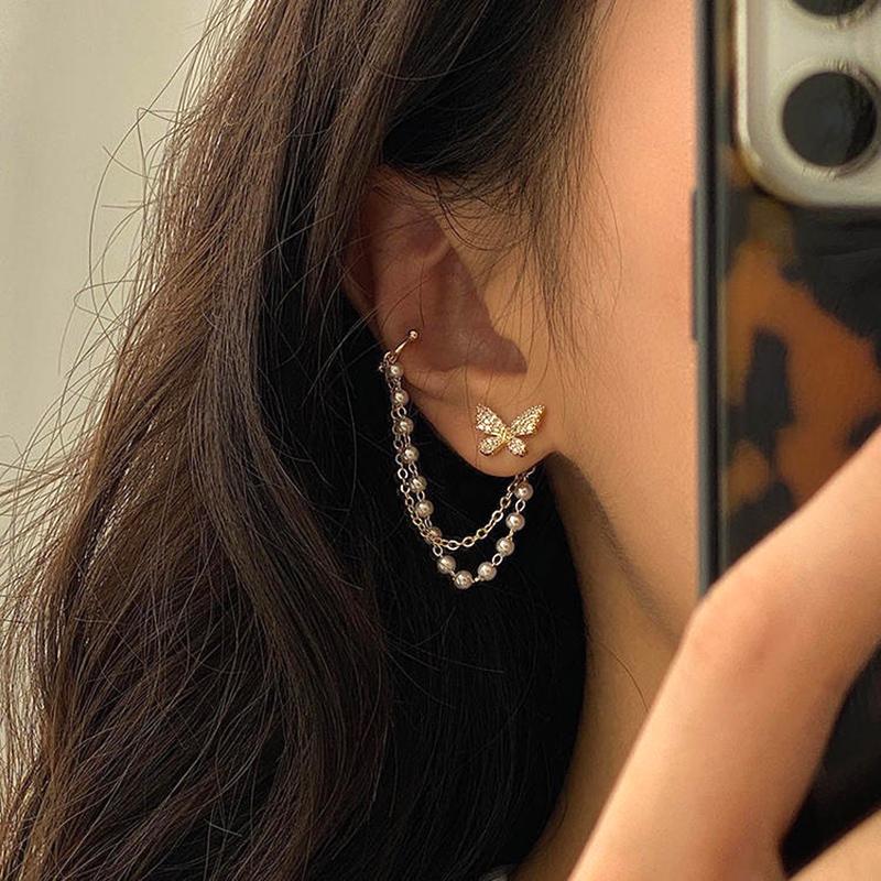 Korean Elegant  Butterfly Stud Earring With Metal Chain For Women Girl