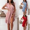 Women's Fashion Waist Tie V-Neck Ruffle Edge Sleeve Loose Hem Dress