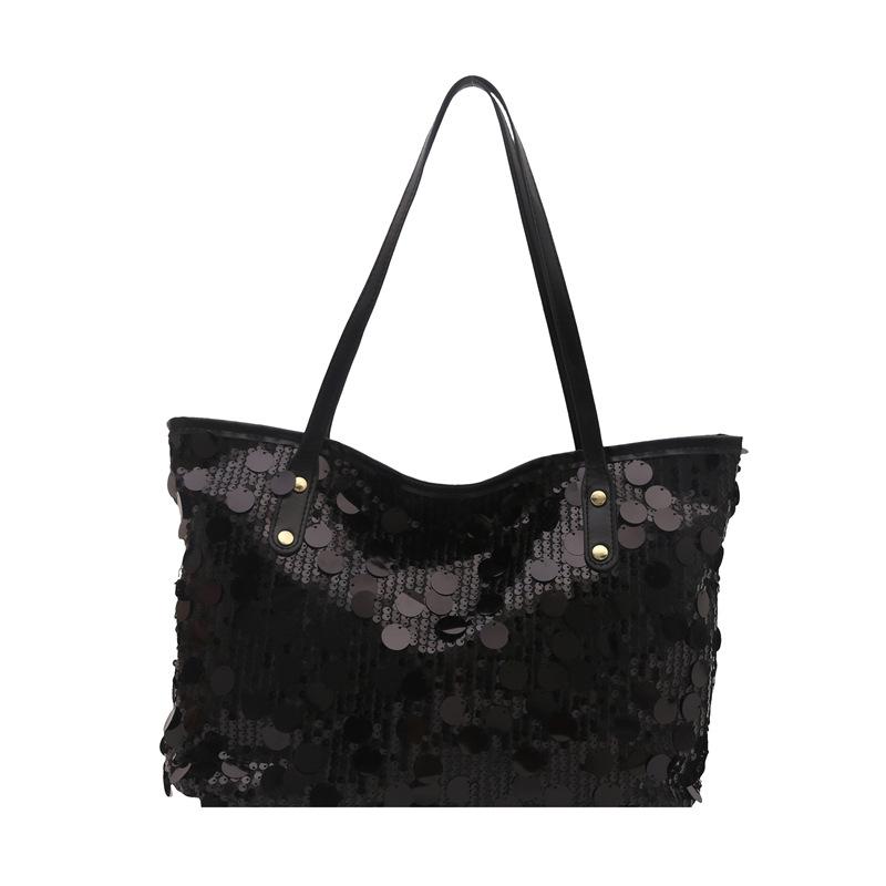 Fashion Sequined Women s Bucket  Handbags Slouchy Hobo Trendy Underarm Bag for Work Travel Shopping Shiny Tote Bag чёрный