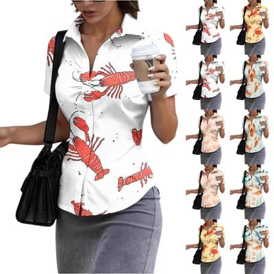 Damen Kurzarm Hemd mit Knöpfen Slim Fit Hummerdruck Kragen Casual Bluse Sommer Top für Büroarbeit und Alltag
