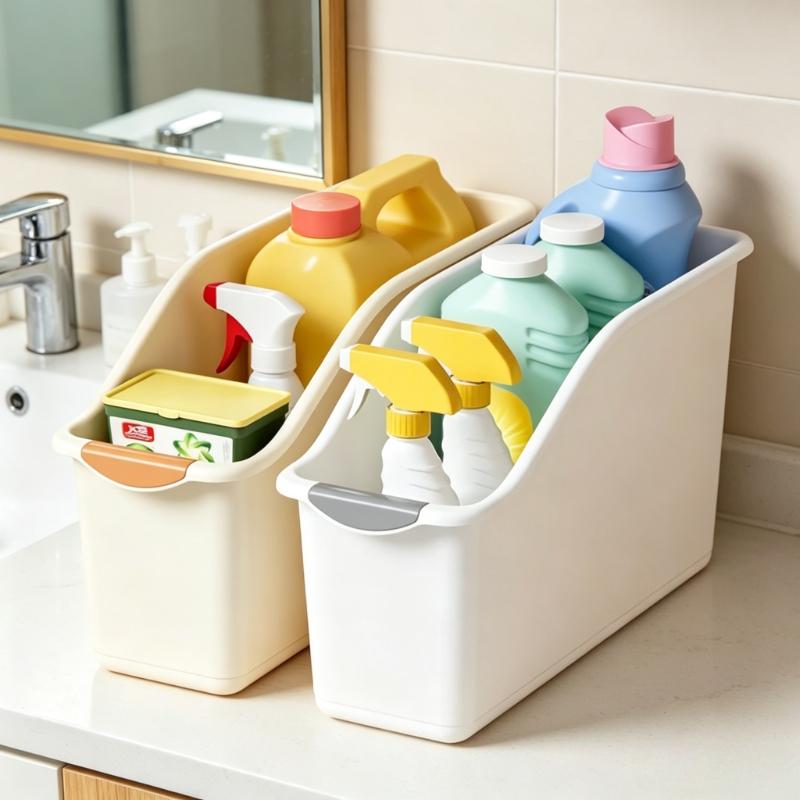 Under Sink Storage Bins with Handle, Slim Plastic Organizer Boxes for Cleaning Supplies, Kitchen Bathroom Cabinet Organization
