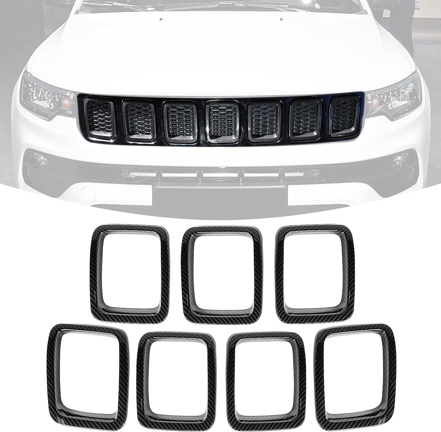 

7PCS Car Carbon Fiber Grille Inserts ABS Front Grill Cover Frame Trims Kit For Jeep Compass MP 2017-2020 Exterior Accessories