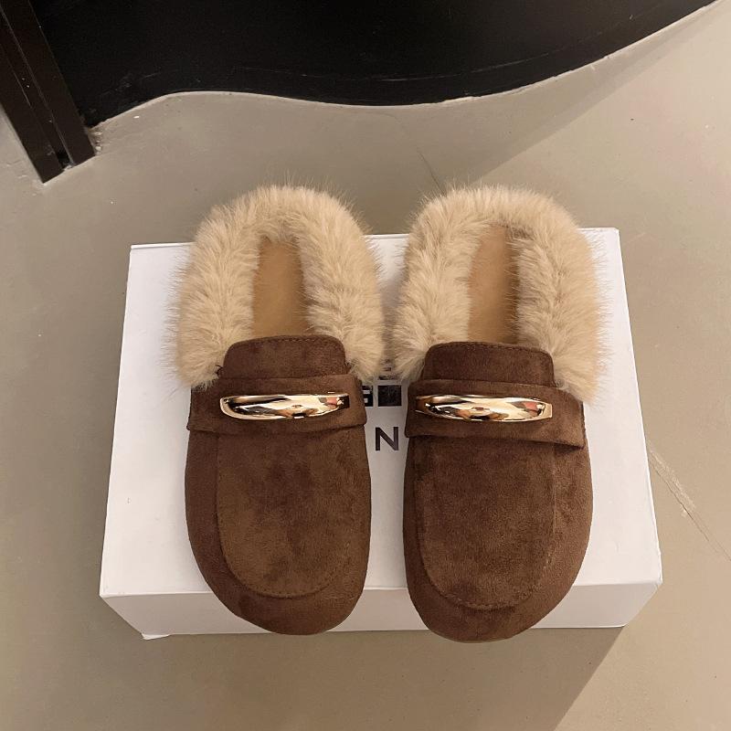 2025 Autumn and Winter New Retro Mori Plush Cotton Shoes Bag Head Half Drag Muller Shoes Fringed Warm Fluffy Shoes Women