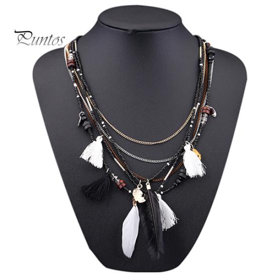 Women's Boho Ethnic Style Feathers Tassels Beads Multi-layer Chain Necklace