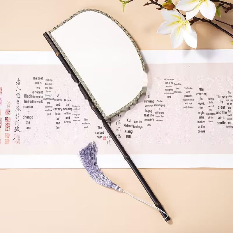 Purple Bamboo Silk Fan with Long Handle and Unique Shape – Ideal for Hanfu Catwalks, Photo Props, or Retro Mask Events