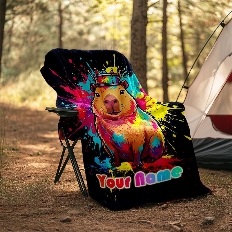 1PC Custom Name Colorful Capybara Majesty flannel blanket versatile,all-season throw suitable for the living room,bedroom,camping,travel,and gift