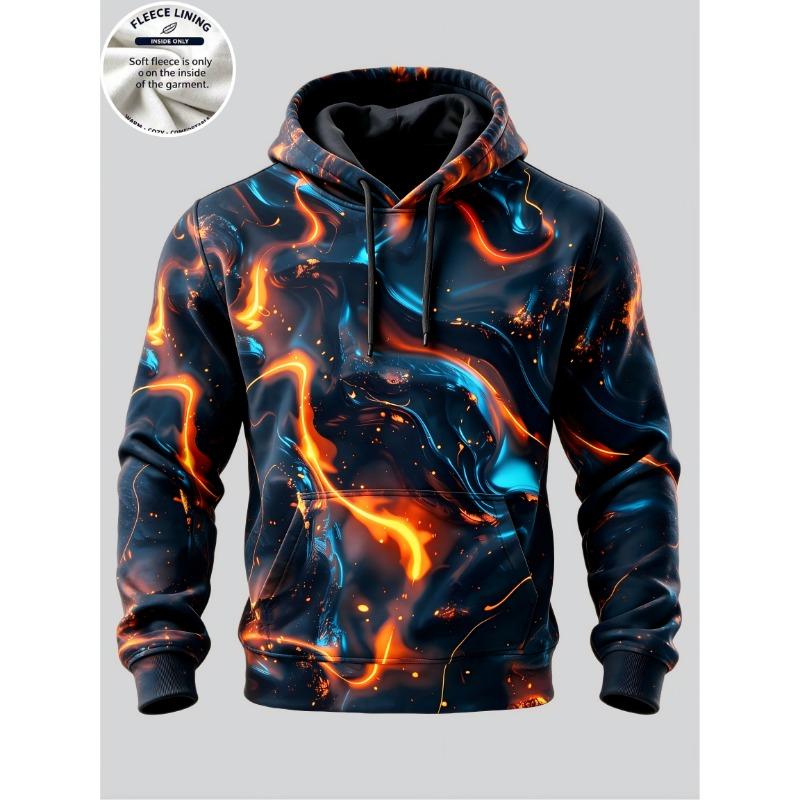 Men Fleece Lined Hoodie 3D Blue Hexagon Geometric Print Pullover Hooded Sweatshirt Casual Long Sleeve Top