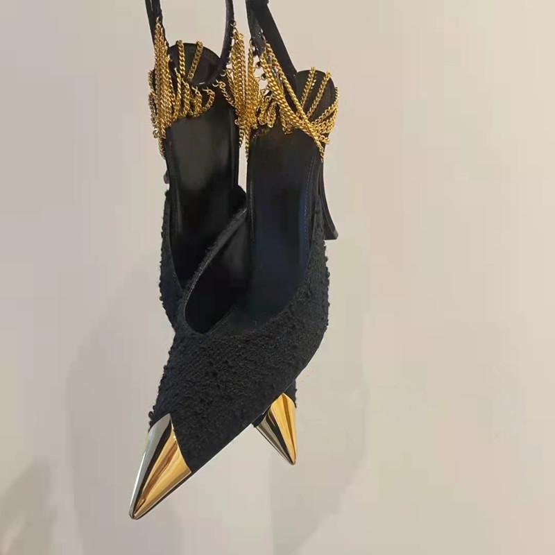 Fashion Star style Fashion Metal Chains Women Pumps Elegant Pointed toe Ankle Strap High heels Spring Summer Female Party Dress Shoes