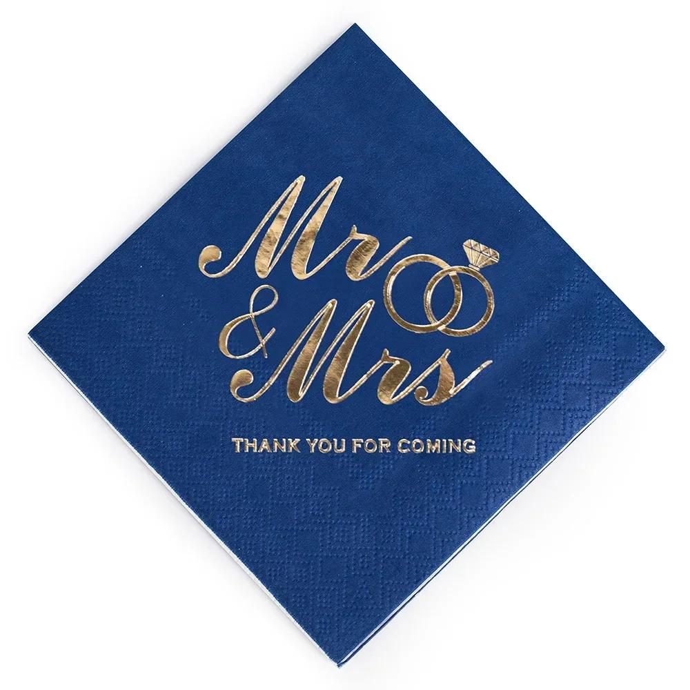 100PCS Mr&Mrs Wedding Paper Napkins Disposable 10inch Bronzing Cocktail Beverage Dessert Napkins Wedding Anniversary Party Decor