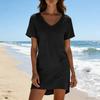 Kadın Moda Bol Kesim V Yaka Kısa Kollu Pamuk Keten Karışımı Günlük Elbise