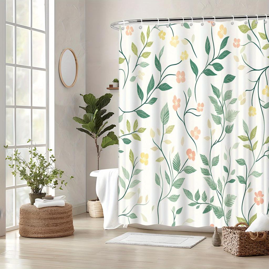 1 Minimalist Watercolor Leaves and Pink Floral Shower Curtain - Green Leaves On Light Background, with Hook, Machine Washable