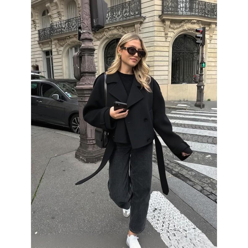 Womens Short Wool Blend Pea Coat With Belt Double Breasted Notched Collar Pocket Jacket