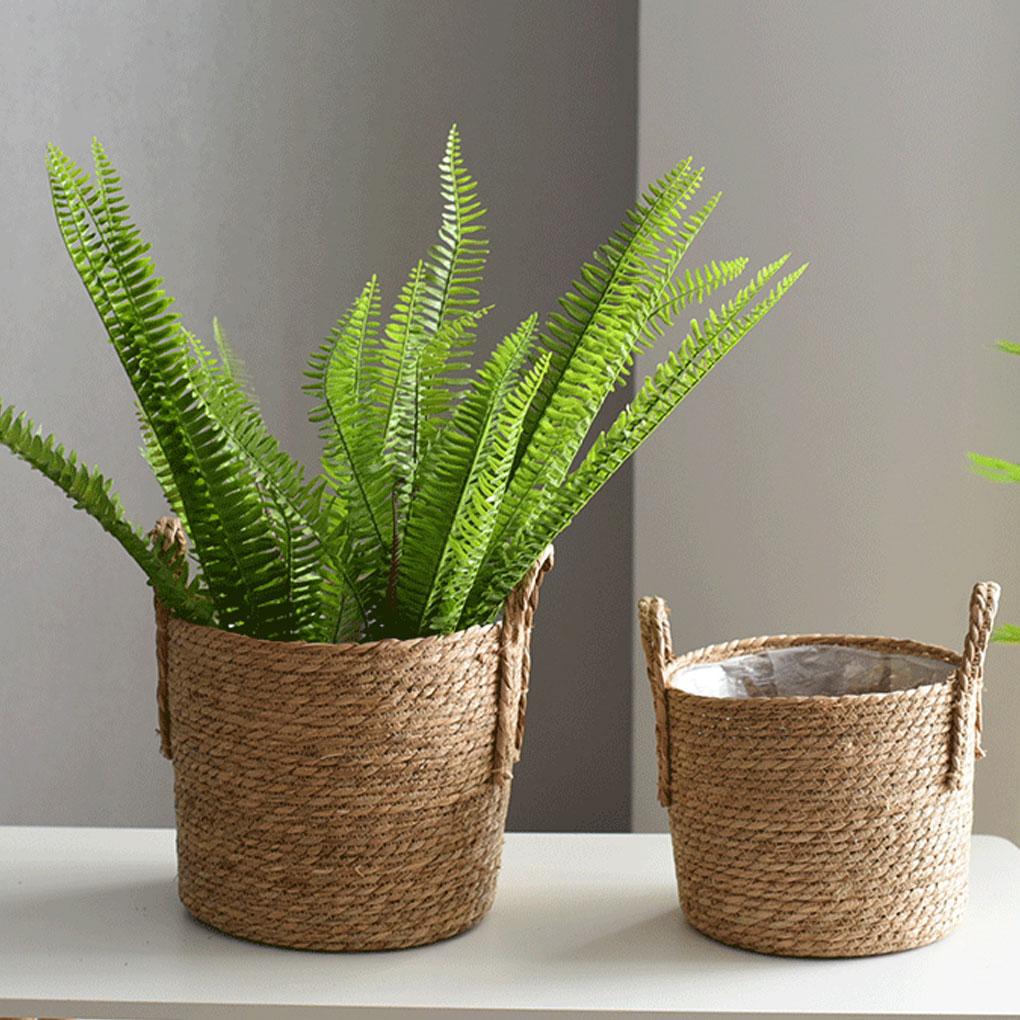 Woven Flower Pot Seagrass Plant Basket Garden Yard Greenhouse Flowerpot with Handle Potting Planting Hamper Household