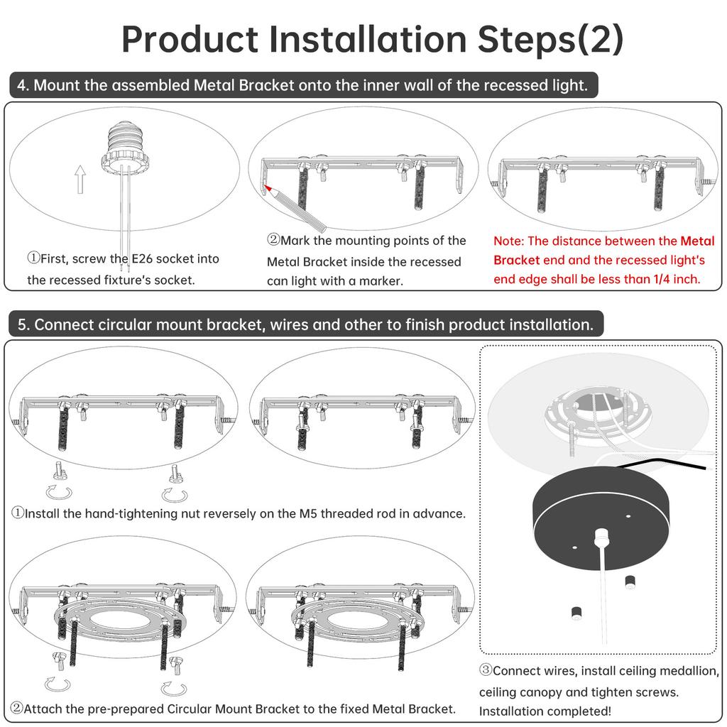 Downlight to Pendant Light Adapter Kit 5 - 7inch Recessed to Pendant Light Converter Kit with E26 Socket, Ceiling Light Accessories