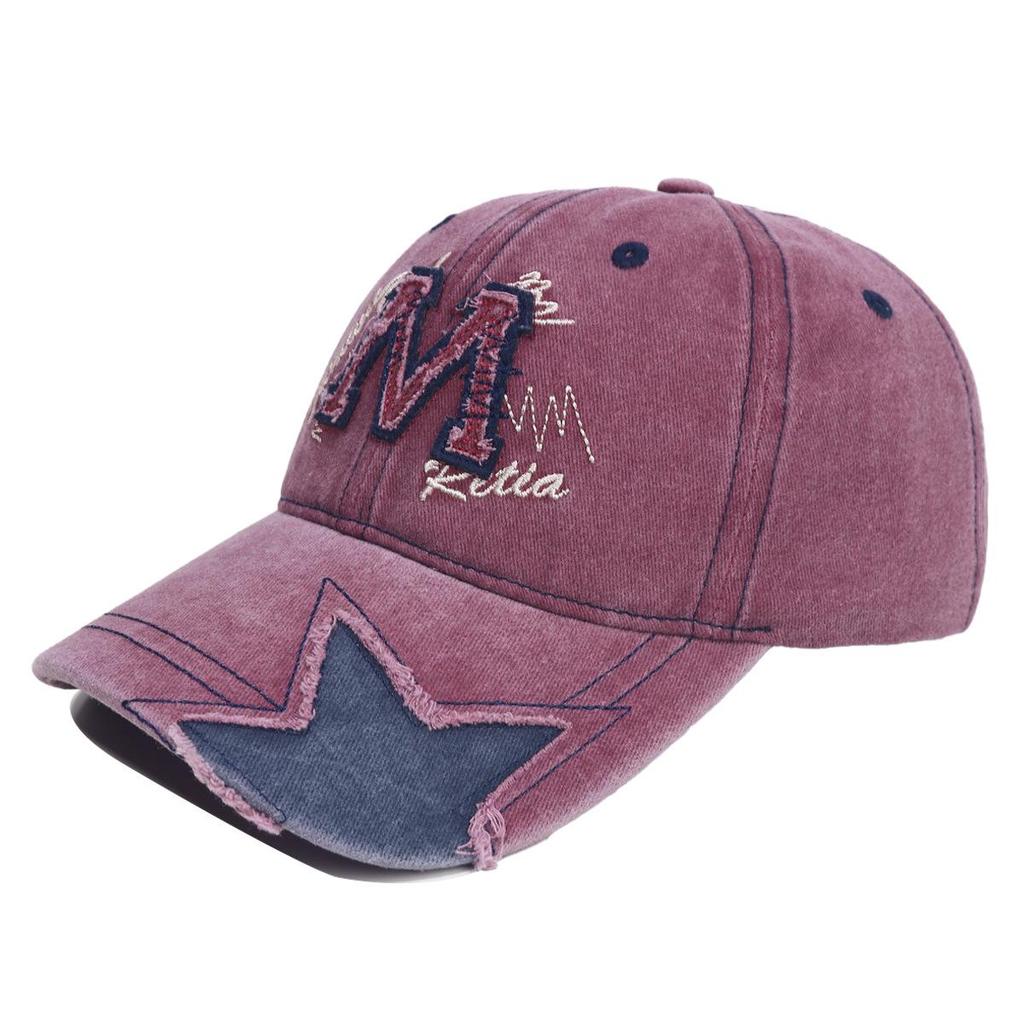 Women’s Retro Distressed Star Baseball Cap - Washed Denim Duckbill Hat with M Logo, Sun Protection, Face Slimming