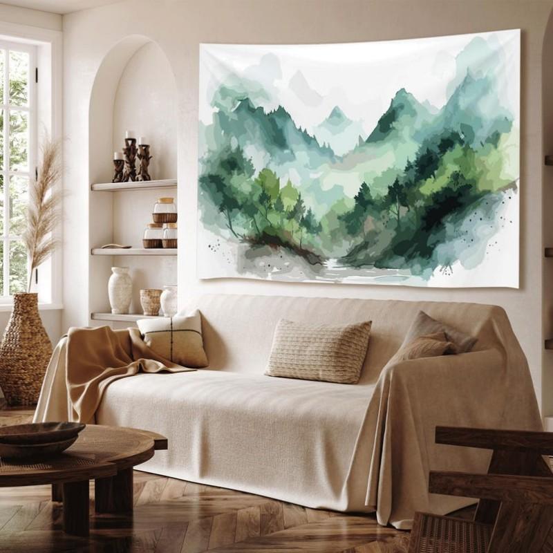 Watercolor Green Mountain Tapestry Nature Landscape Wall Hanging for Bedroom Living Room Home Decor 100X70CM
