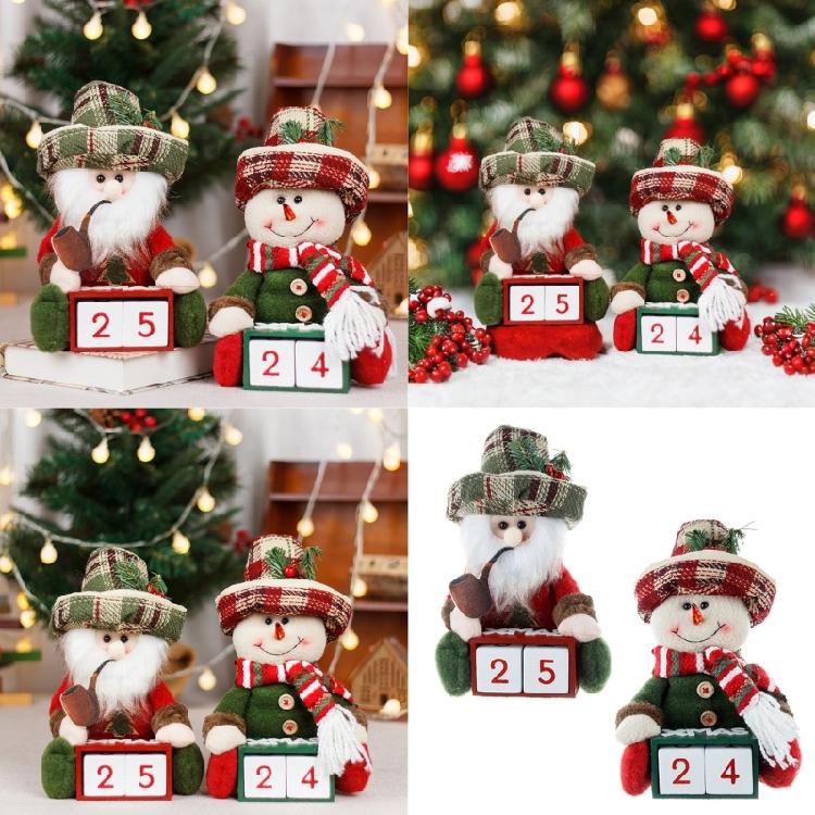 Santa and Snowman Plush Figurine Wood Christmas Count Down Calendar with Number Square Farmhouses Tabletop Ornament Gift