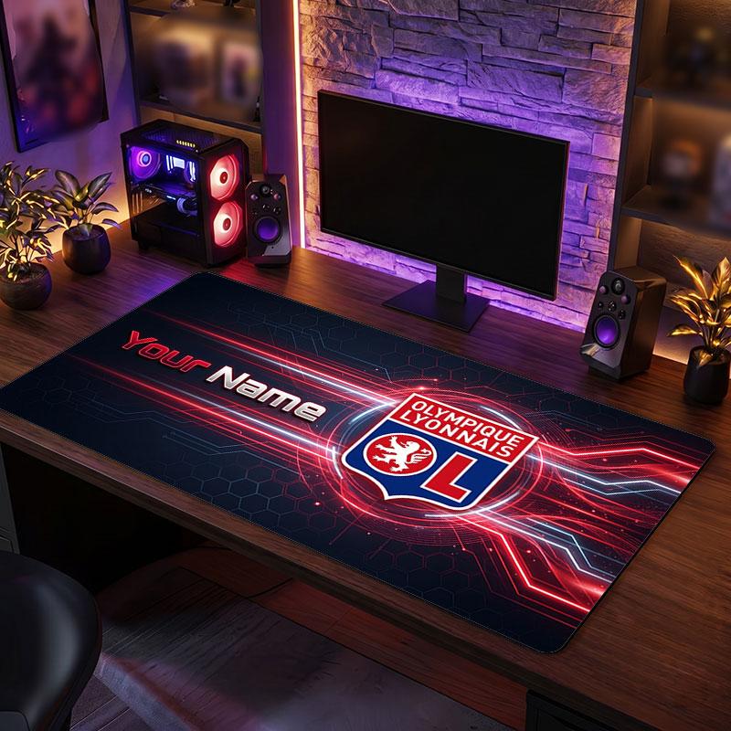 Lyon FC Custom Large Mouse Pad, Personalized Name Text Print, Football Logo Non‑Slip Desk Mat Gaming Gift