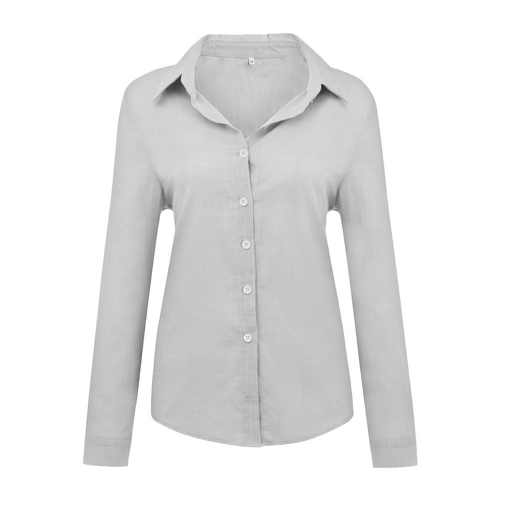 Nowe letnie damskie bluzki w jednolitym kolorze z klapą na guziki Casual luźna z długim rękawem lniany Top bluzki damskie biały top Blusas Mujer