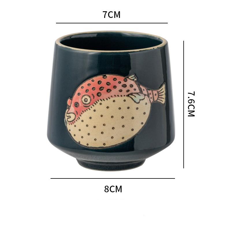 Japanese style Handle-less Ceramic Tea CupsTteacup Puffer Fish And Cat Pattern Coffee Cup Espresso Mug