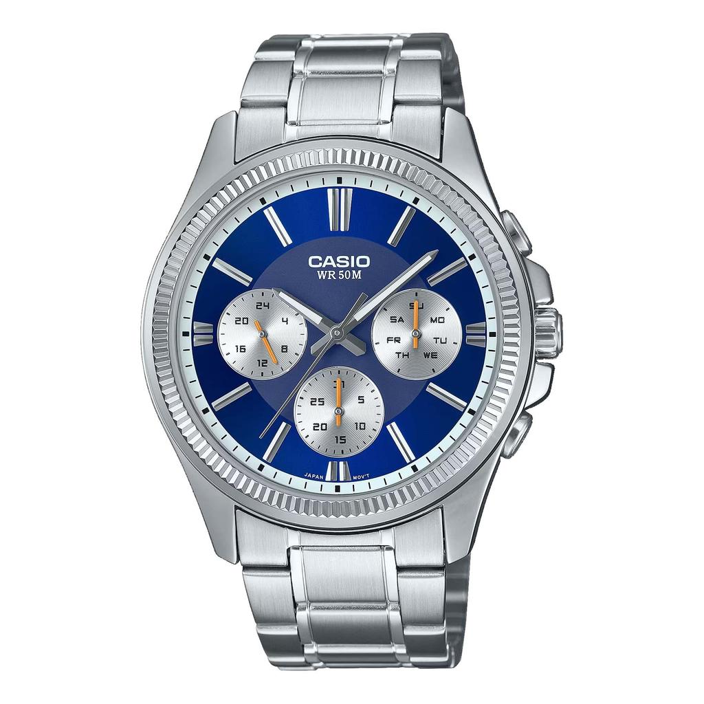 Casio Stainless Steel Fluted Bezel Multifunction Blue Dial Blue MTP1375D-2A1V Men's Watch,