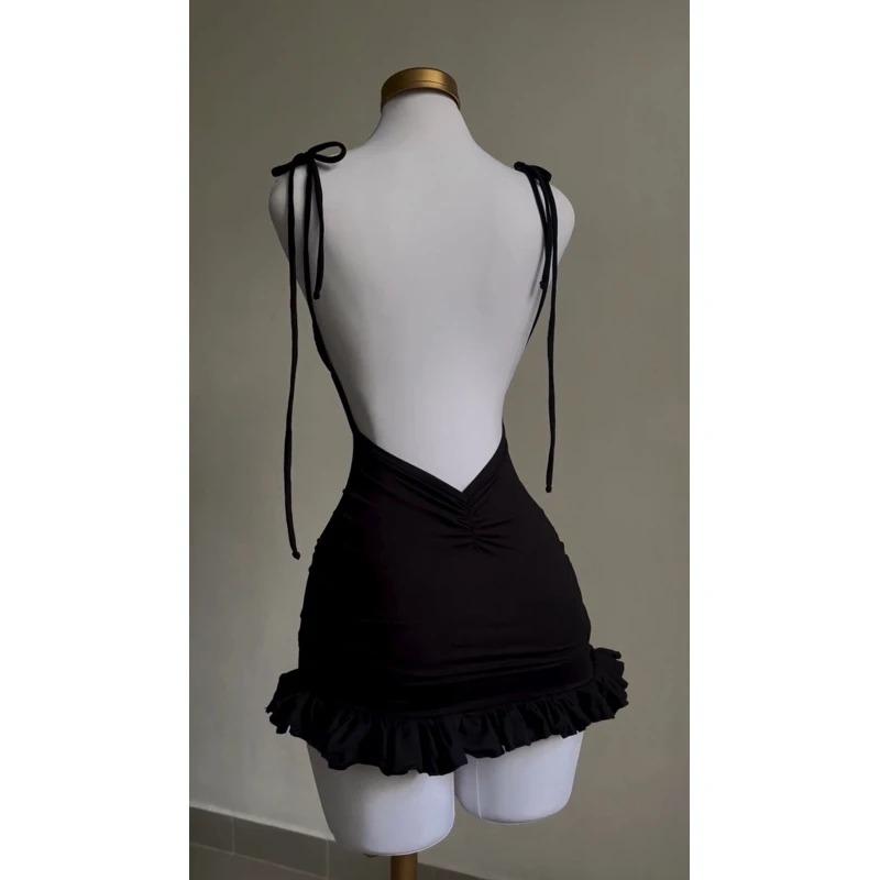 Summer Sexy Y2k Solid Sleeveless Dress Elegant Backless Lace-up Party Mini Dresses Female Fashion Chic Flounce Club Slim Clothes