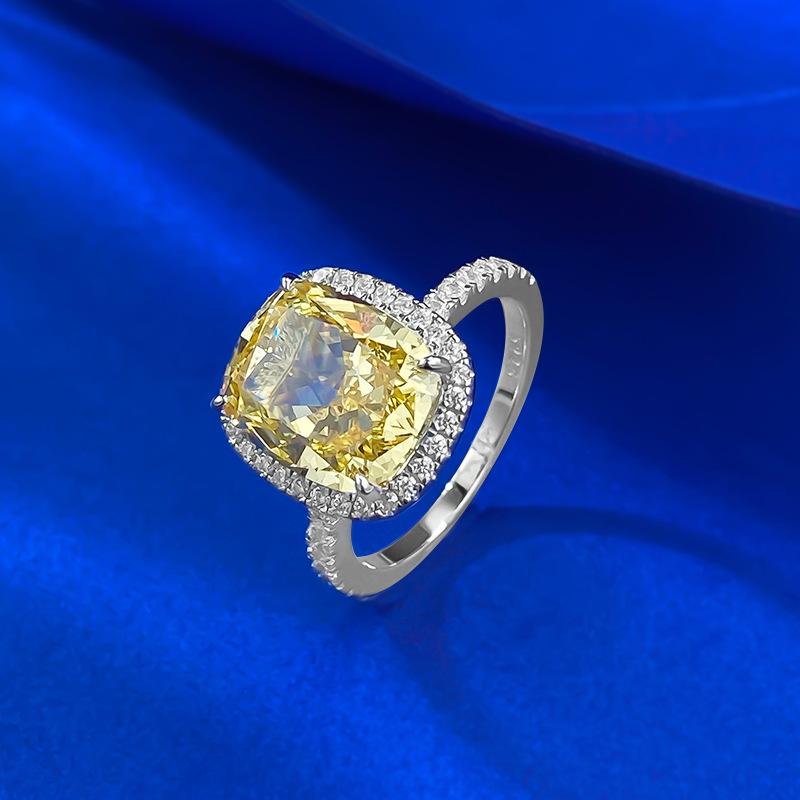 European-American Style High Carbon S925 Silver Ring with Yellow Diamond Ice Flower Design