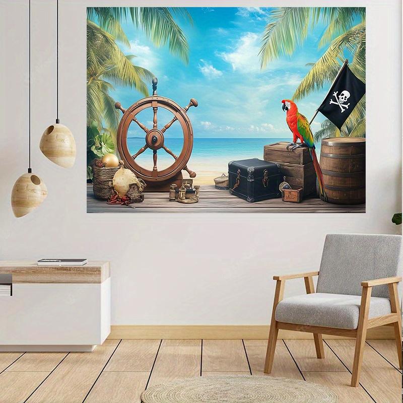 1 Piratenschatzkarten-Hintergrund - Banner für eine Party mit Meeresmotto mit Schatztruhe, Papagei und Holzrädern Piraten-Geburtstag