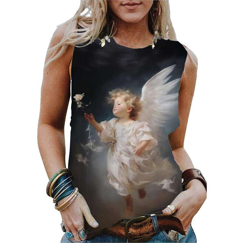 

Милые майки женские с 3D-принтом «Ангел-малыш», летние, с круглым вырезом, повседневные жилеты, топ без рукавов с открытыми плечами 5XL