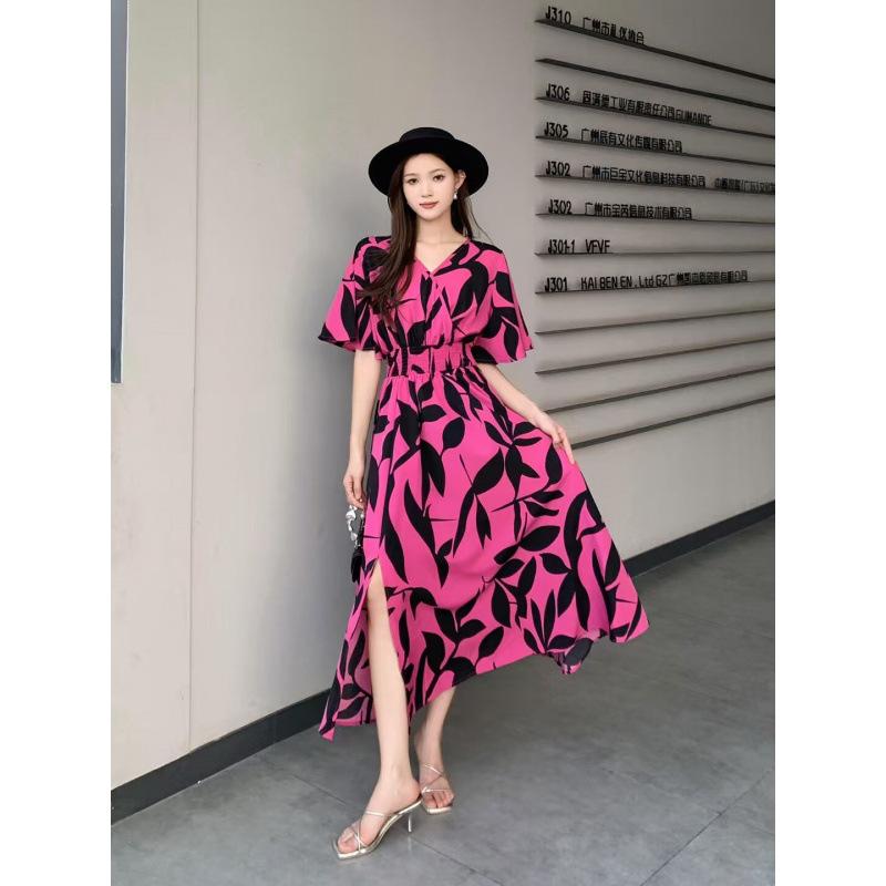 New dress women's short-sleeved round neck ruffle edge printed big swing dress, waist dress temperament fairy