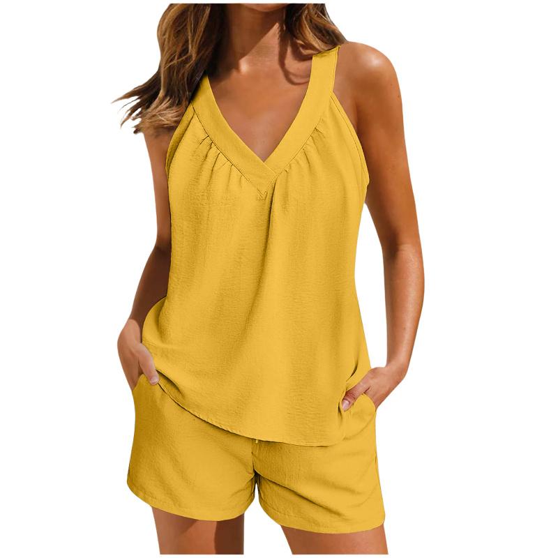 Women Sleeveless V Neck Two Piece Pajama Set With Loose Tank Top And Pocket Shorts For Casual Home Lounge Sleepwear Summer Daily Wear Outfit