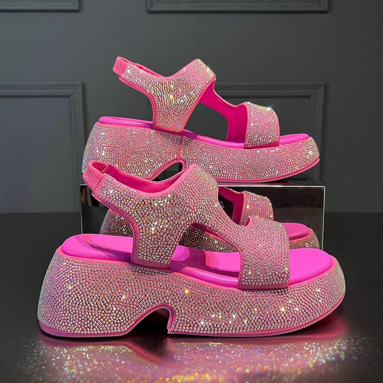 

Fashion Luxury Rhinestone Women Sandals Summer New Sheepskin Elastic Band Thick-soled Open-toed Roman Flat Sandals 40 червоний