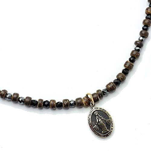Silver One si Miraculous Medal Virgin Mary Necklace with Wood Beads, Black Spinel, and Hematite for Men (50cm + Adjustable Chain)