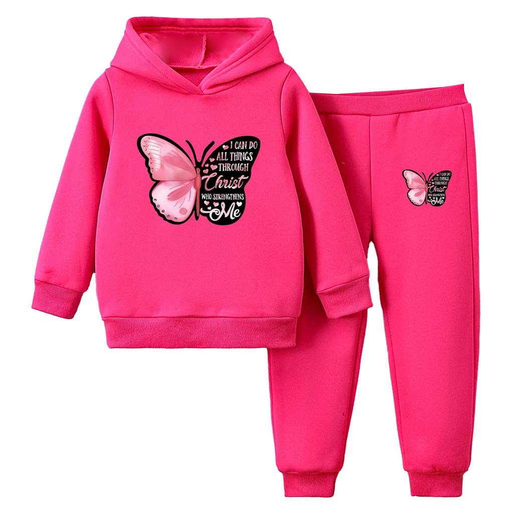Dziewczęcy Uroczy Dres z Nadrukiem Motyli Podszyty Fleece z Długim Rękawem Bluza z Kapturem Spodnie Dresowe z Elastycznym Pasem Zestaw Sportowy